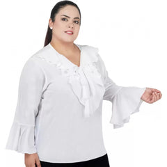 Mayawye Women's Casual Bell Sleeve Solid White Top (Color:White, Material:Georgette)