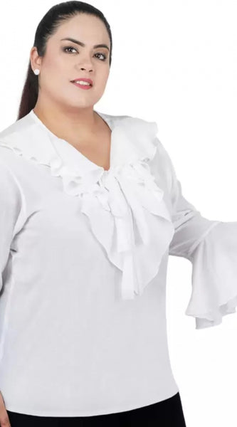 Mayawye Women's Casual Bell Sleeve Solid White Top (Color:White, Material:Georgette)