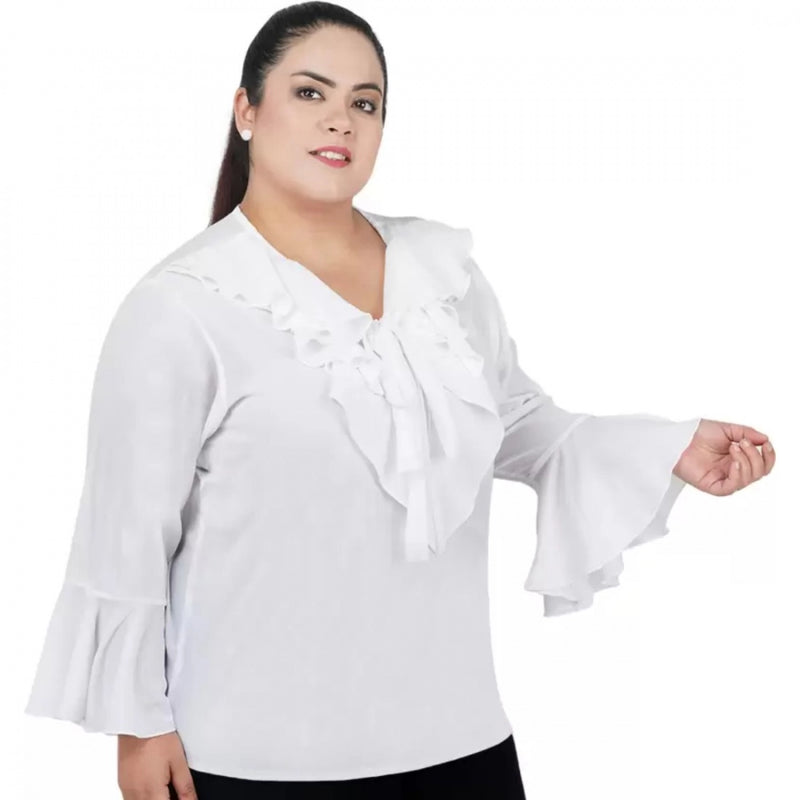 Mayawye Women's Casual Bell Sleeve Solid White Top (Color:White, Material:Georgette)