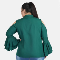 Mayawye Women's Casual Bell Sleeve Solid Green Top (Color:Green, Material:Crepe)