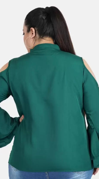 Mayawye Women's Casual Bell Sleeve Solid Green Top (Color:Green, Material:Crepe)