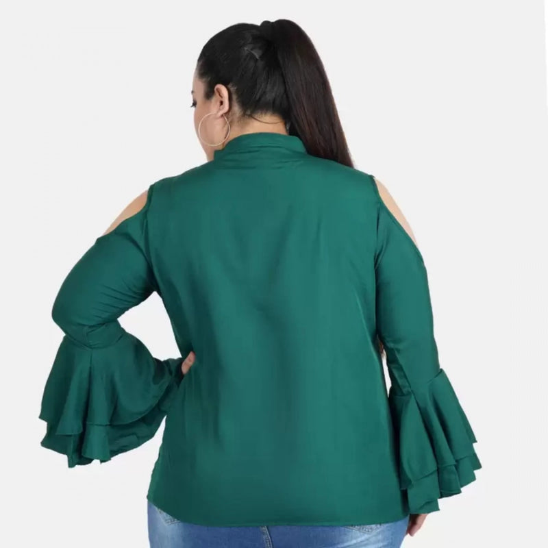 Mayawye Women's Casual Bell Sleeve Solid Green Top (Color:Green, Material:Crepe)