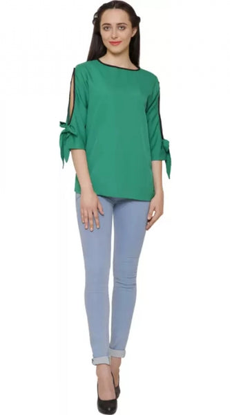 Mayawye Women's Casual Slit Sleeve Solid Green Top (Color:Green, Material:Poly Crepe)