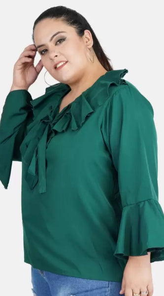 Mayawye Women's Casual Bell Sleeve Solid Green Top (Color:Green, Material:Georgette)