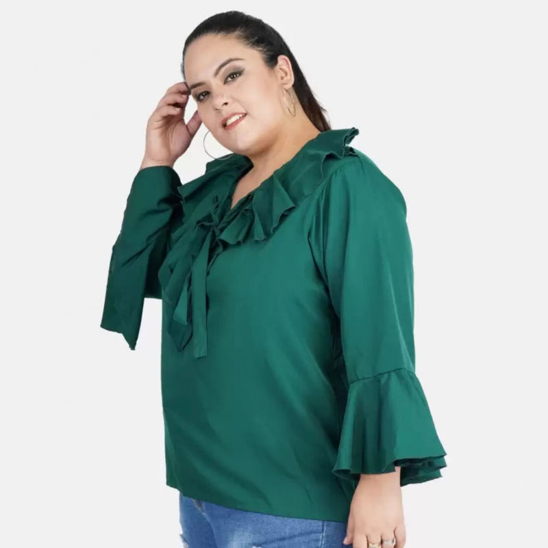 Mayawye Women's Casual Bell Sleeve Solid Green Top (Color:Green, Material:Georgette)