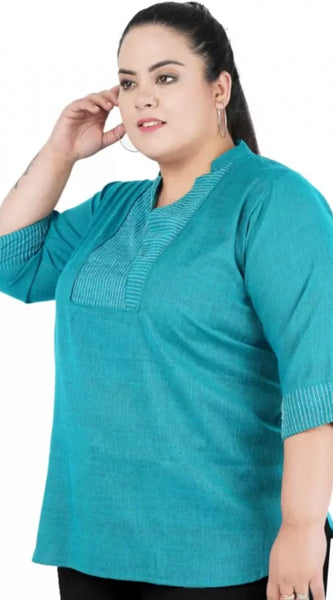 Mayawye Women's Casual Three Fourth Sleeve Embroidered Light Green Top (Color:Light Blue, Material:Cotton Linen Blend)