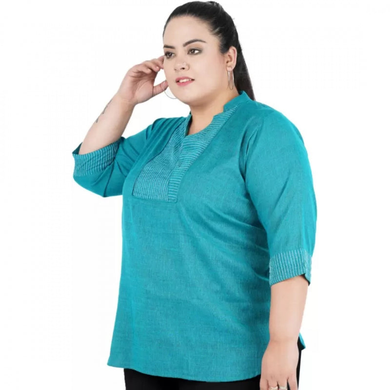 Mayawye Women's Casual Three Fourth Sleeve Embroidered Light Green Top (Color:Light Blue, Material:Cotton Linen Blend)