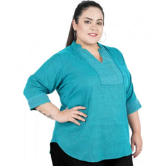 Mayawye Women's Casual Three Fourth Sleeve Embroidered Light Green Top (Color:Light Blue, Material:Cotton Linen Blend)