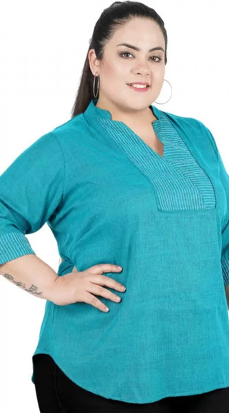 Mayawye Women's Casual Three Fourth Sleeve Embroidered Light Green Top (Color:Light Blue, Material:Cotton Linen Blend)