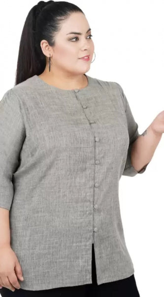 Mayawye Women's Casual Solid Grey Top (Color:Grey, Material:Cotton Linen Blend)
