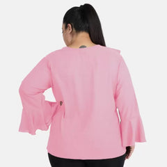Mayawye Women's Casual Bell Sleeve Solid Pink Top (Color:Pink, Material:Georgette)