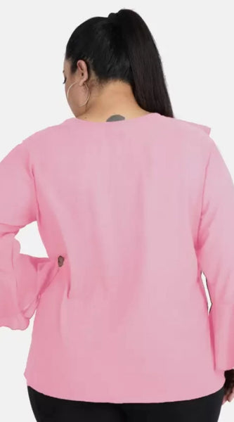 Mayawye Women's Casual Bell Sleeve Solid Pink Top (Color:Pink, Material:Georgette)