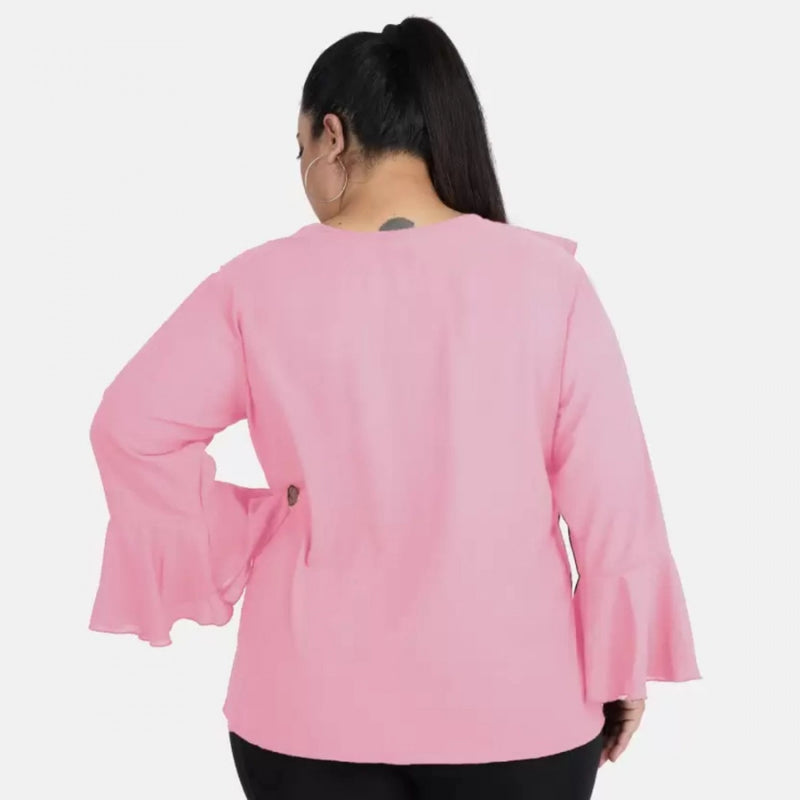 Mayawye Women's Casual Bell Sleeve Solid Pink Top (Color:Pink, Material:Georgette)