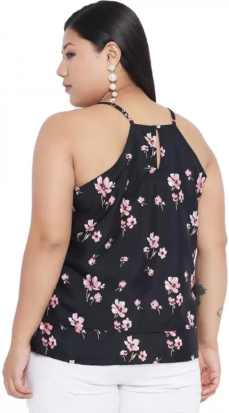 Mayawye Women's Casual Floral Print Black Top (Color:Black, Material:Polyester)