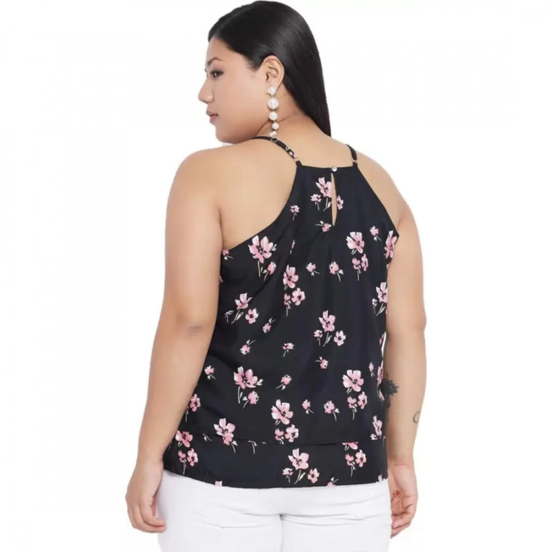 Mayawye Women's Casual Floral Print Black Top (Color:Black, Material:Polyester)
