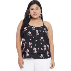 Mayawye Women's Casual Floral Print Black Top (Color:Black, Material:Polyester)