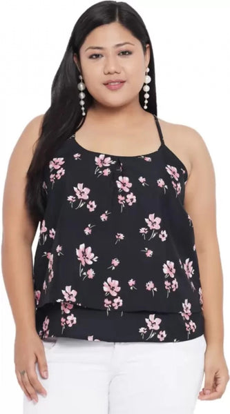 Mayawye Women's Casual Floral Print Black Top (Color:Black, Material:Polyester)