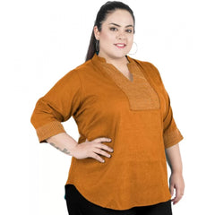 Mayawye Women's Casual Three Fourth Sleeve Embroidered Yellow Top (Color:Yellow, Material:Cotton Linen Blend)