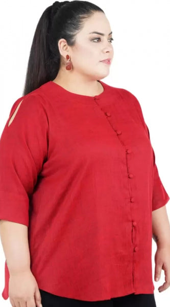Mayawye Women's Casual Solid Maroon Top (Color:Maroon, Material:Cotton Linen Blend)