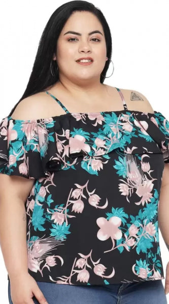 Mayawye Women's Casual Floral Print Black Top (Color:Black, Material:Polyester)