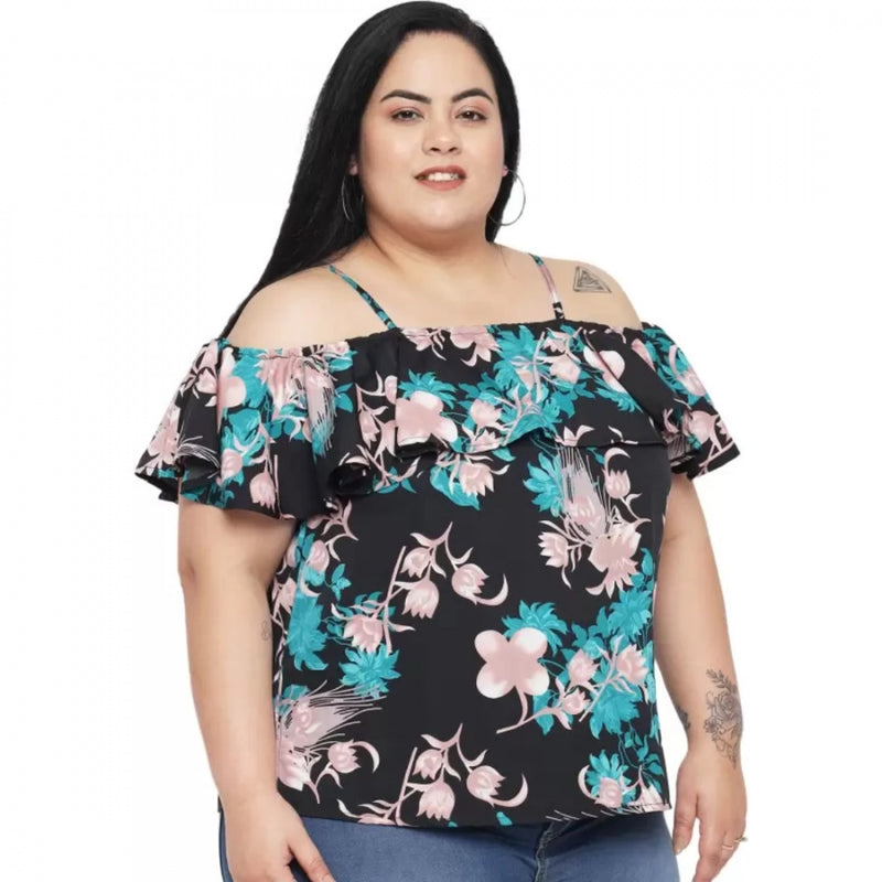 Mayawye Women's Casual Floral Print Black Top (Color:Black, Material:Polyester)