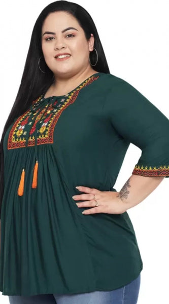 Mayawye Women's Casual Embroidered Dark Green Top (Color:Dark Green, Material:Rayon)