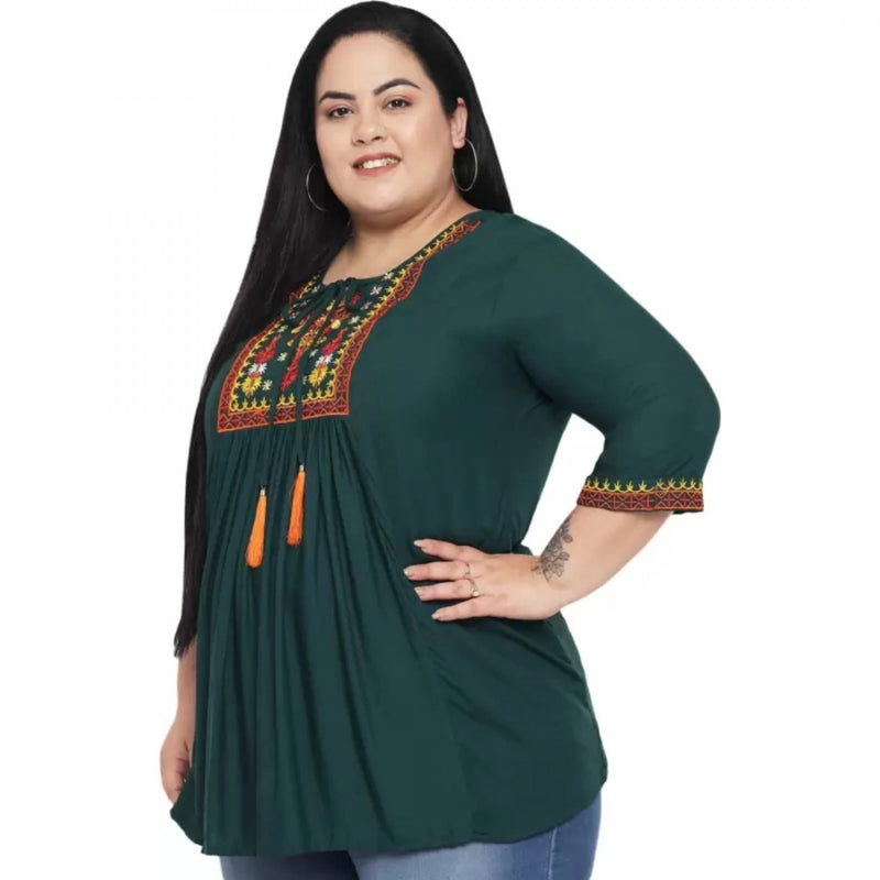 Mayawye Women's Casual Embroidered Dark Green Top (Color:Dark Green, Material:Rayon)
