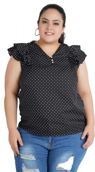 Mayawye Women's Casual Flutter Sleeve Polka Print Black Top (Color:Black, Material:Crepe)