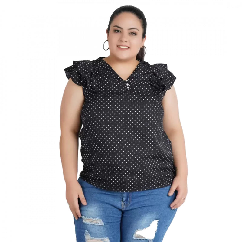 Mayawye Women's Casual Flutter Sleeve Polka Print Black Top (Color:Black, Material:Crepe)
