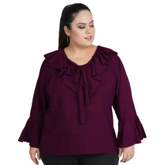 Mayawye Women's Casual Bell Sleeve Solid Purple Top (Color:Purple, Material:Georgette)