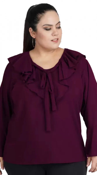 Mayawye Women's Casual Bell Sleeve Solid Purple Top (Color:Purple, Material:Georgette)