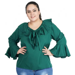 Mayawye Women's Casual Bell Sleeve Solid Green Top (Color:Green, Material:Georgette)