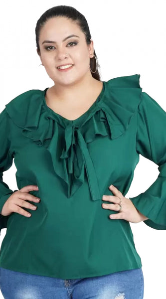 Mayawye Women's Casual Bell Sleeve Solid Green Top (Color:Green, Material:Georgette)