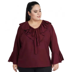 Mayawye Women's Casual Bell Sleeve Solid Maroon Top (Color:Maroon, Material:Georgette)