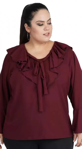 Mayawye Women's Casual Bell Sleeve Solid Maroon Top (Color:Maroon, Material:Georgette)