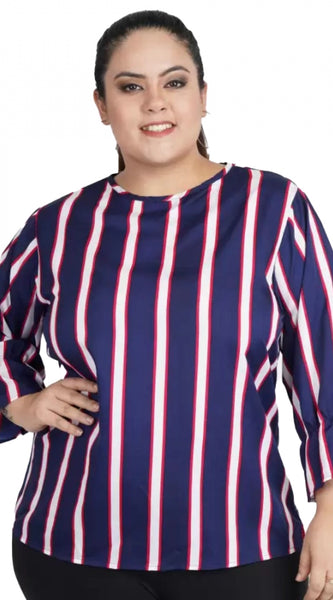 Mayawye Women's Casual Bell Sleeve Striped Blue Top (Color:Blue, Material:Crepe)