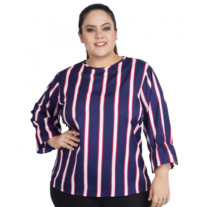 Mayawye Women's Casual Bell Sleeve Striped Blue Top (Color:Blue, Material:Crepe)