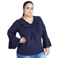 Mayawye Women's Casual Bell Sleeve Solid Blue Top (Color:Blue, Material:Georgette)