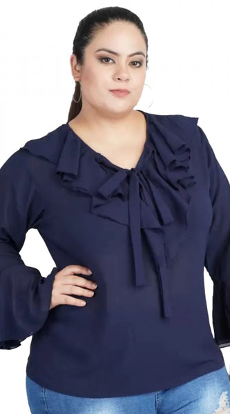 Mayawye Women's Casual Bell Sleeve Solid Blue Top (Color:Blue, Material:Georgette)
