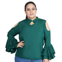 Mayawye Women's Casual Bell Sleeve Solid Green Top (Color:Green, Material:Crepe)
