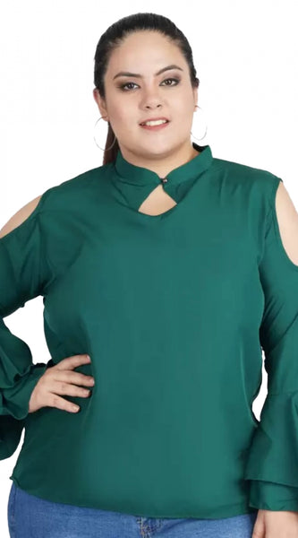 Mayawye Women's Casual Bell Sleeve Solid Green Top (Color:Green, Material:Crepe)