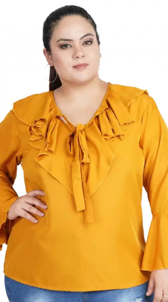 Mayawye Women's Casual Bell Sleeve Solid Yellow Top (Color:Yellow, Material:Georgette)