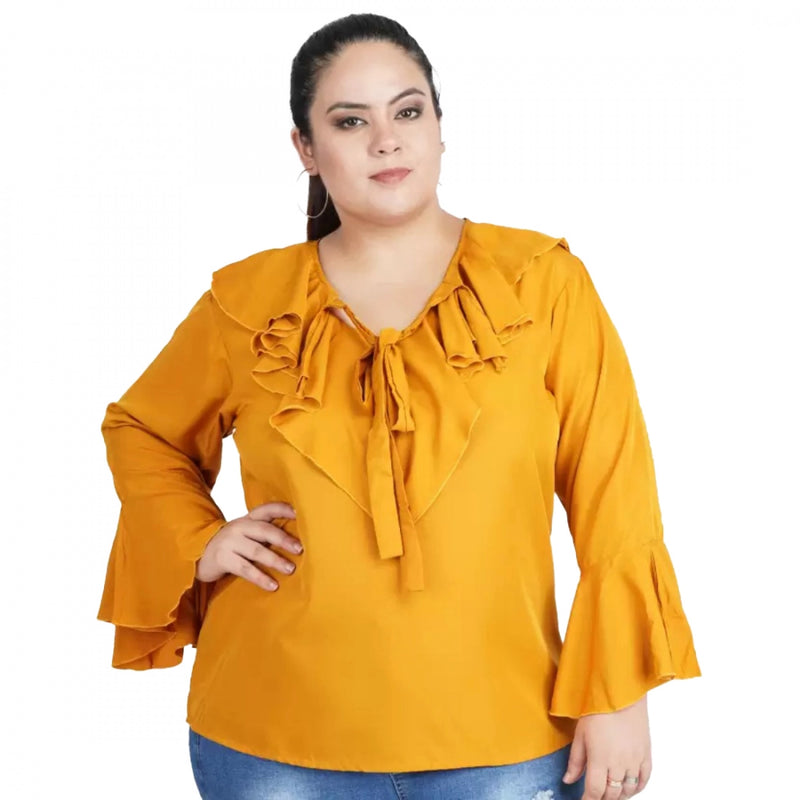 Mayawye Women's Casual Bell Sleeve Solid Yellow Top (Color:Yellow, Material:Georgette)