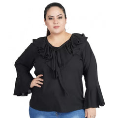 Mayawye Women's Casual Bell Sleeve Solid Black Top (Color:Black, Material:Georgette)