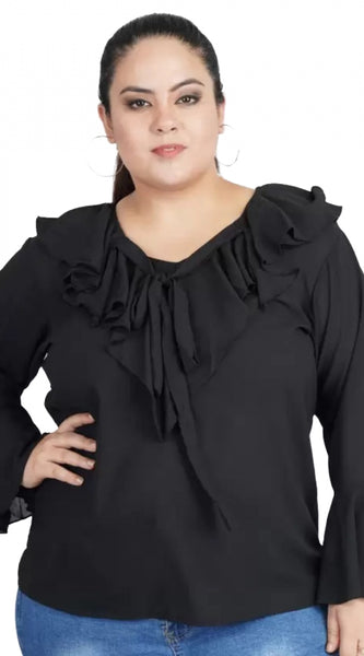 Mayawye Women's Casual Bell Sleeve Solid Black Top (Color:Black, Material:Georgette)