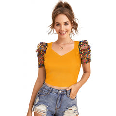 Mayawye Women's Western Wear Hosiery Crop Top (Yellow)