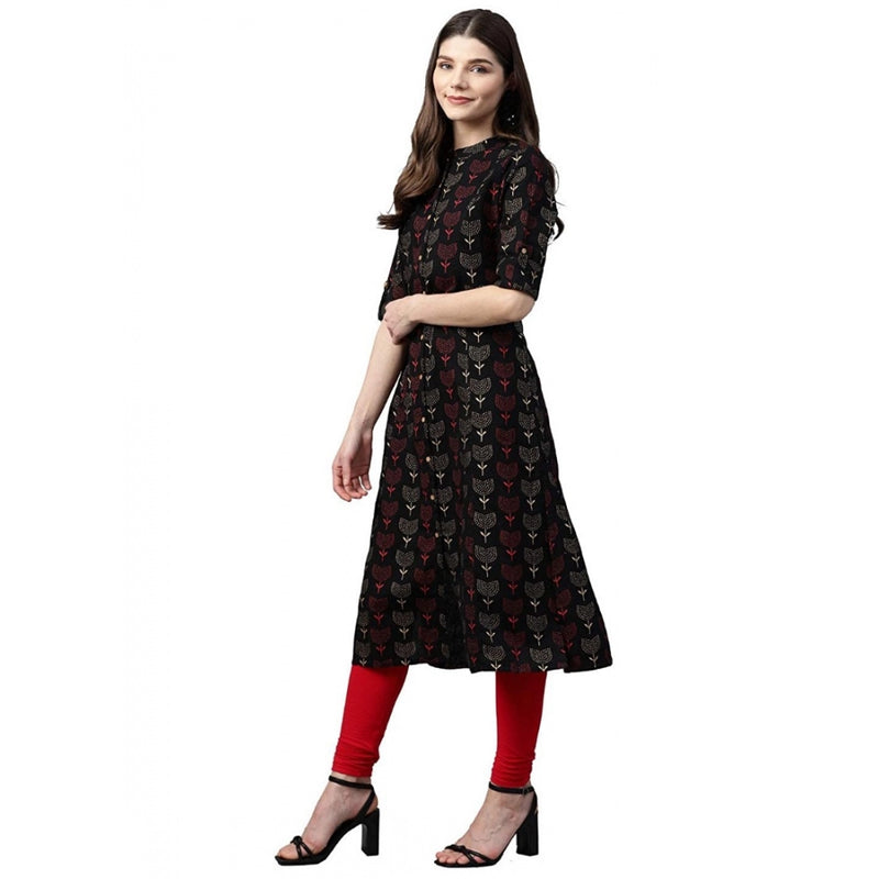 Mayawye Women's Cotton Printed A Line Kurti (Black, Cotton)