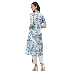Mayawye Women's Cotton Printed Floral Print Kurti (White, Blue, Cotton)