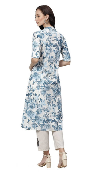Mayawye Women's Cotton Printed Floral Print Kurti (White, Blue, Cotton)