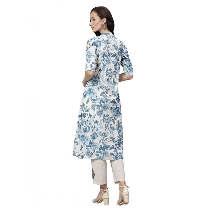 Mayawye Women's Cotton Printed Floral Print Kurti (White, Blue, Cotton)